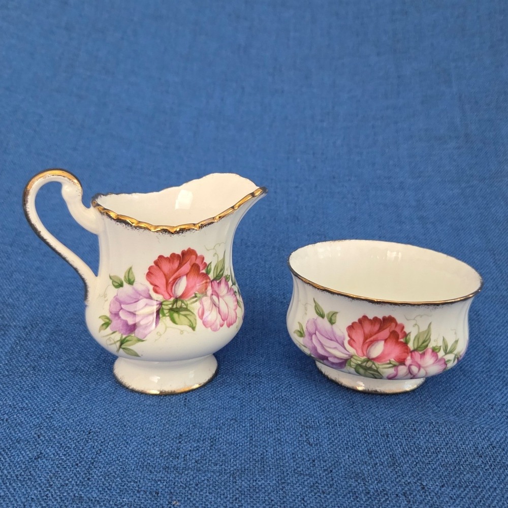 Vintage Paragon Fine Bone China Creamer Sugar Bowl Set Floral Gold Gilt England